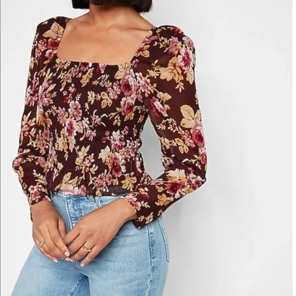 NWT Express Floral Square Neck Smocked Body Top Size XS Fall Season - Picture 6 of 8